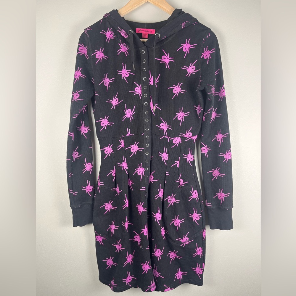 Betsey Johnson Dress Thermal Spider Hooded Black Size Small Cotton Blend VTG EUC